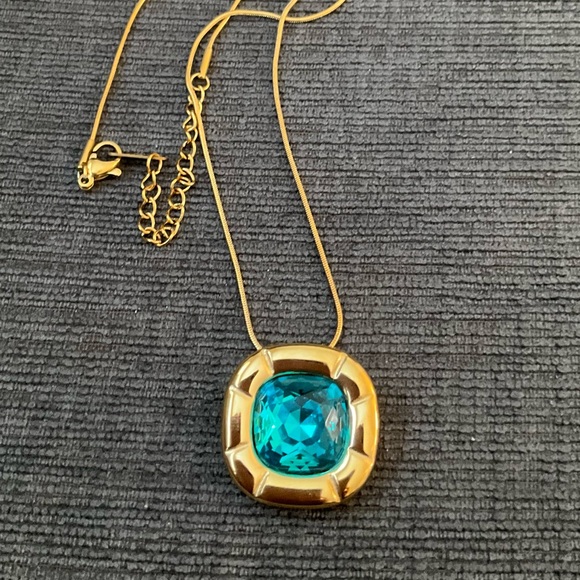 Blue Zircon Cushion Cut Crystal Necklace 18K Gold Bezel Setting Zircon Amulet - Picture 5 of 9